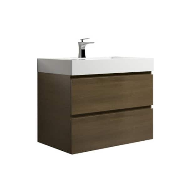 MYCASS 30 in. W x 18.1 in. D x 20.5 in. H  1 Sink Floating Bath Vanity in Dark Oak with One White Glossy Solid Surface Top