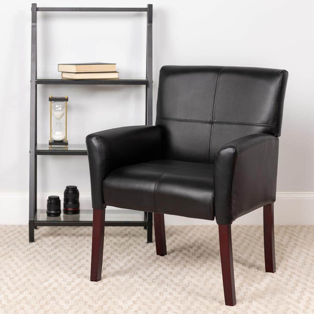 Black Leather High Back Executive Armchair with Mahogany Wood Legs