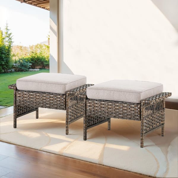 Gymojoy StLouis Brown Wicker Outdoor Ottoman with Beige Cushion (2-Pack)
