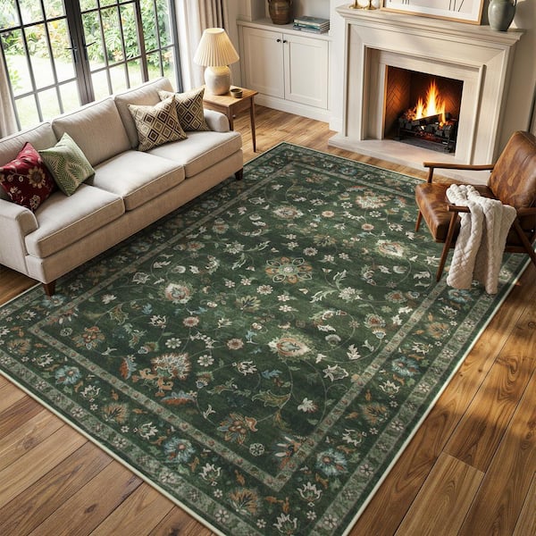 Vintage Floral Vine Washable Non-Slip Green 8 ft. x 10 ft. Area Rug