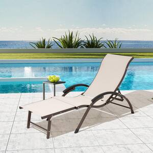 Folding 1-Piece Aluminum Adjustable Outdoor Chaise Lounge in Tan with Armrests