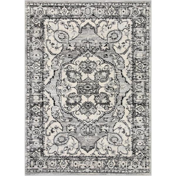 Ivory Grey 7 ft. 10 in. x 9 ft. 10 in. Mystic Arctic Bloom Vintage Medallion Oriental Area Rug