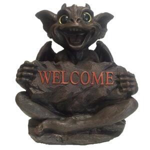 13 in. Big Sister Natasha Gargoyle with Gold Eyes Holding Welcome Sign Home and Garden Statue