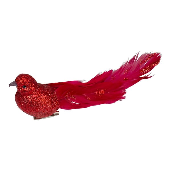 7 in. Red Glittered Bird With Feathers Christmas Clip On Ornament