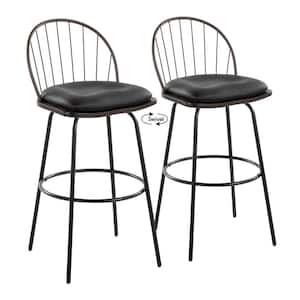 Riley 30 in. Brown Faux Leather, Walnut Wood, Bronze and Black Metal Bar Stool with Metal Legs (Set of 2)
