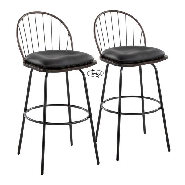 Lumisource Riley 30 in. Brown Faux Leather, Walnut Wood, Bronze and Black Metal Bar Stool with Metal Legs (Set of 2)