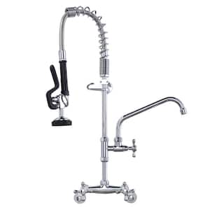 Wall Mount Commercial Brass Triple Handle Pull Down Sprayer Kitchen Faucet with Pre-Rinse Sprayer in Polished Chrome