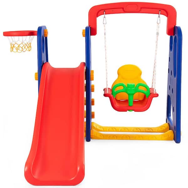 Costway TY325114+ 3 in 1 Junior Children Climber Slide Swing Seat Basketball Hoop Playset - 1