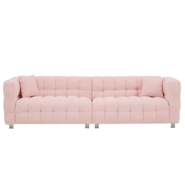 Z-joyee 102 in. Wide Square Arm Teddy Fabric Modern Rectangle Upholstered Sofa in Pink