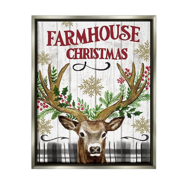Stupell Industries Farmhouse Christmas with Plaid 1-Piece Floater Frame Graphic Print Animal Poster Art Print 31 in. x 25 in.