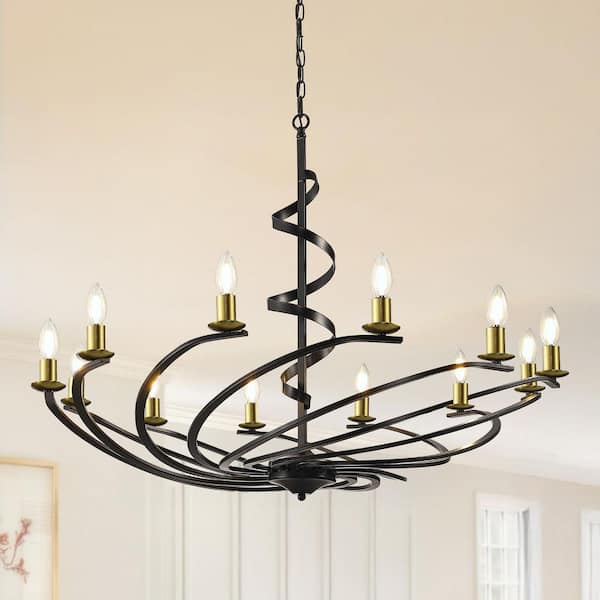 12-Light Black and Gold Spiral Shape Chandelier with E12 Bulb No Bulbs Included