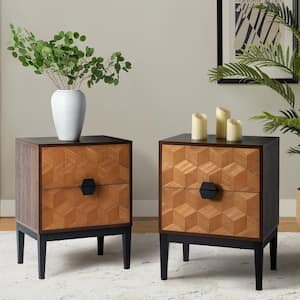 Pulang Modern Walnut 2-Drawer 25 in. Tall Nightstand with Charging Station and Adjustable Legs (Set of 2)