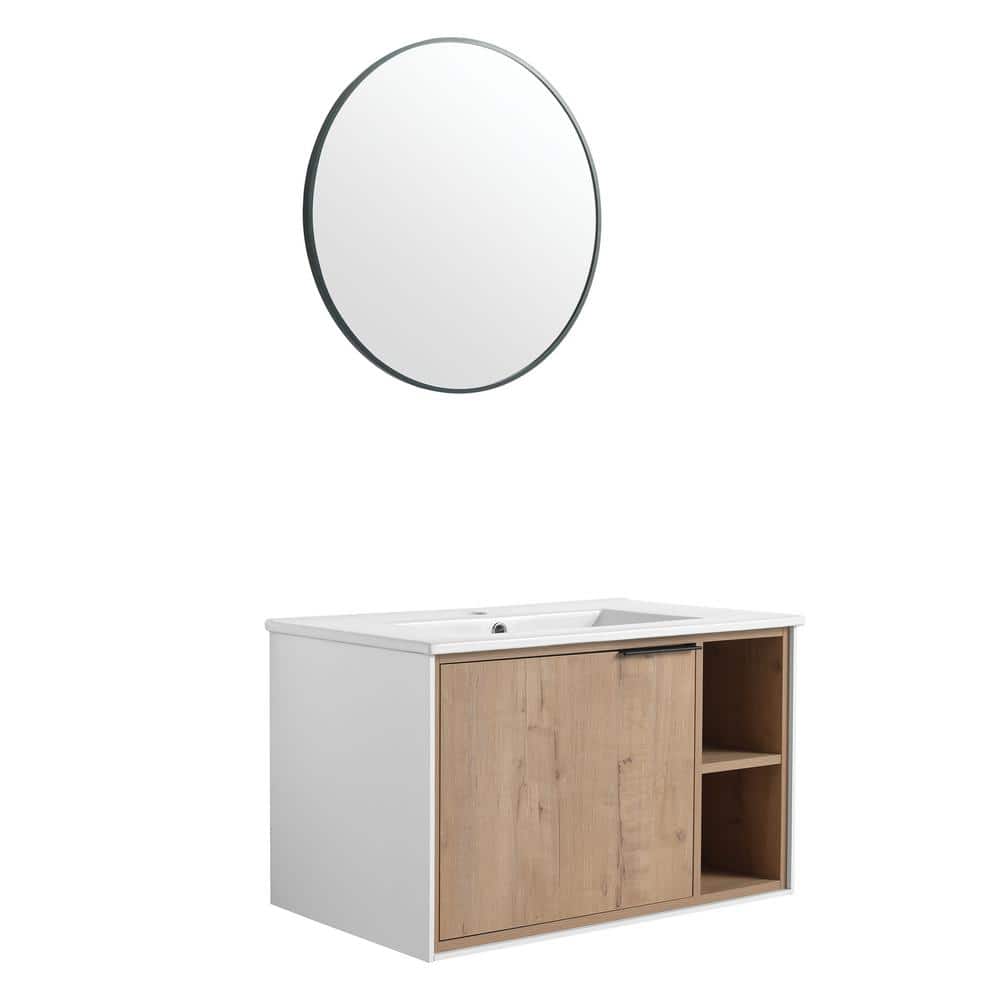 30 in. Imitative Oak Floating Wall Mounted Single Vanity with Ceramic Top