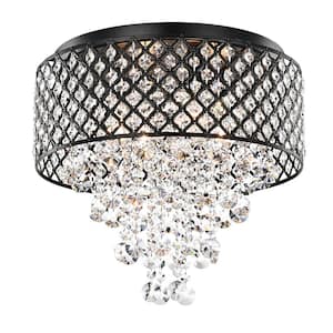 Alyvia 16 in. 4-Light Antique Black Glam Round Drum Flush Mount with Cascading Hanging Crystals