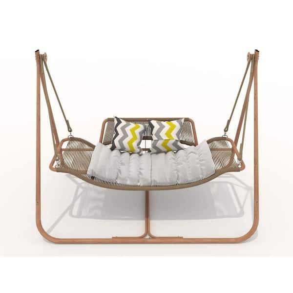 Zeus & Ruta 2-Person Hammock Swing Chair with Stand for Indoor Outdoor Anti-Rust Wood-Colored with Cushion for Patio and Balcony