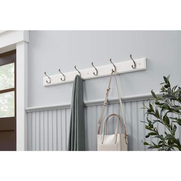 35 in. White Hook Rack with 6 and Satin Nickel Heavy Duty Hooks