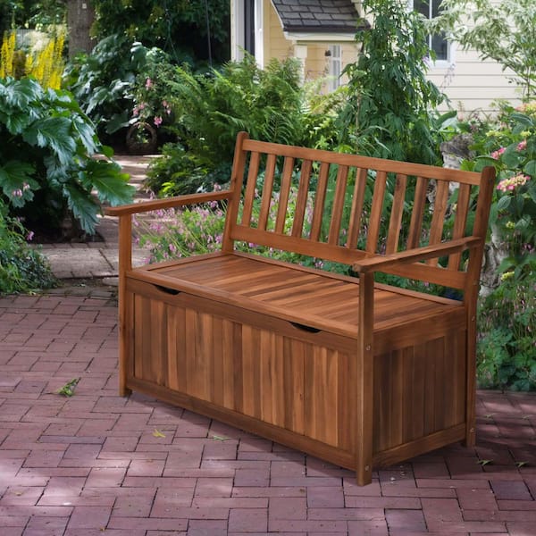 41 Gal. Outdoor Storage Bench, Wooden Deck Box with Inner Waterproof PE Lining for Patio Yard Store Garden Tools, Teak