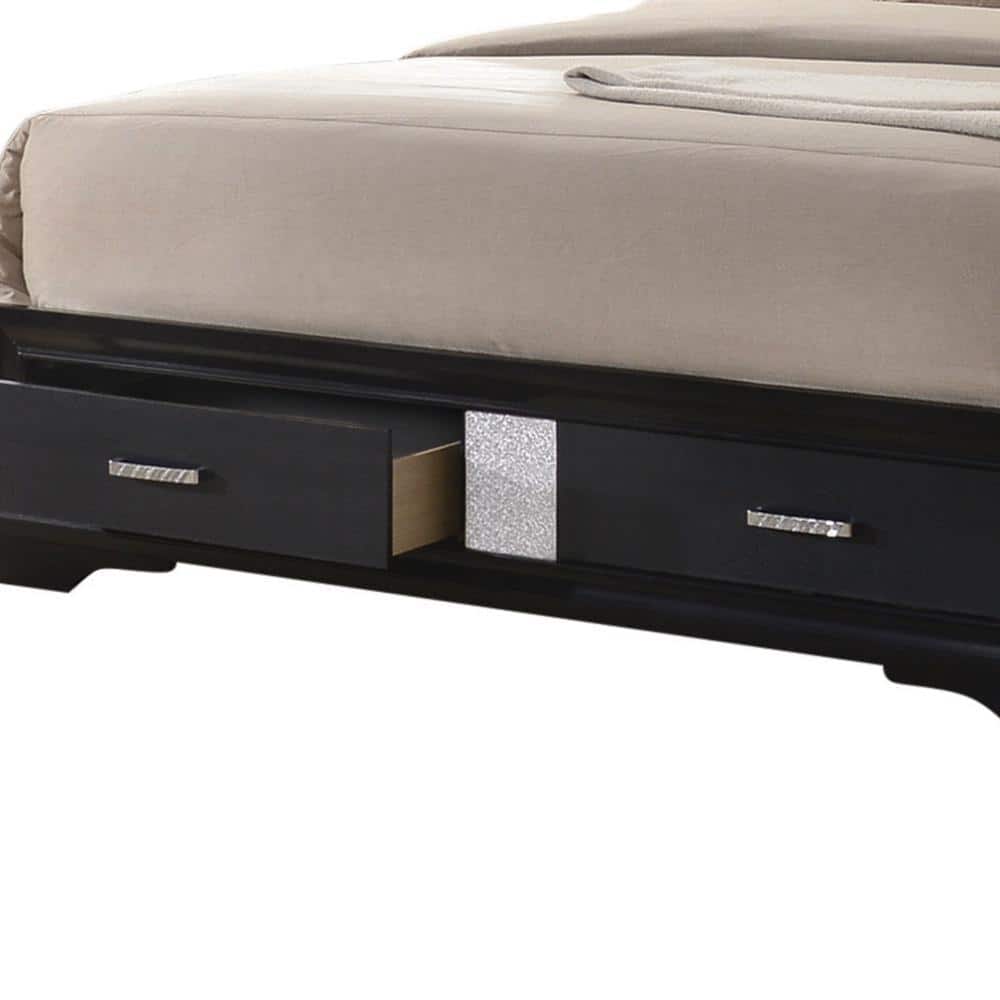 Elegant Black Queen Bed with Glitter Headboard and Storage Drawers