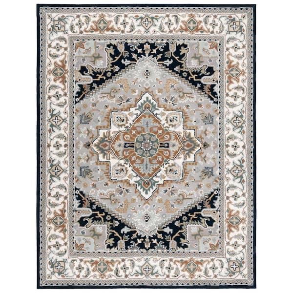 Heritage Gray/Navy 10 ft. x 14 ft. Border Floral Medallion Area Rug