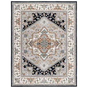 Heritage Gray/Navy 8 ft. x 10 ft. Border Floral Medallion Area Rug