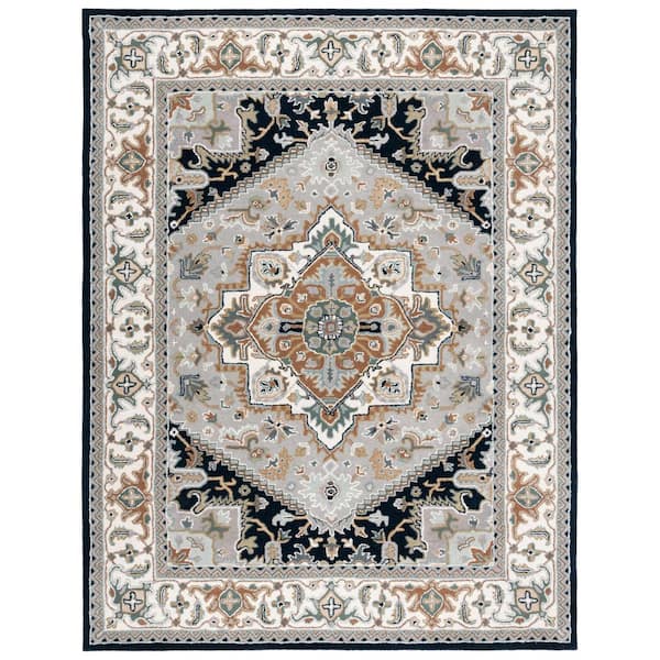 SAFAVIEH Heritage Gray/Navy 8 ft. x 10 ft. Border Floral Medallion Area Rug