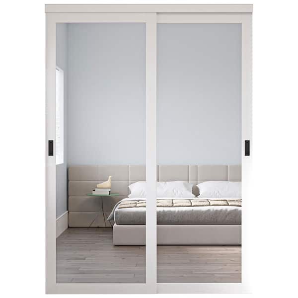 ARK DESIGN 62 in. x 80 in. Solid Core 1-Lite Mirror White Primed MDF Interior Closet Sliding Door with Hardware