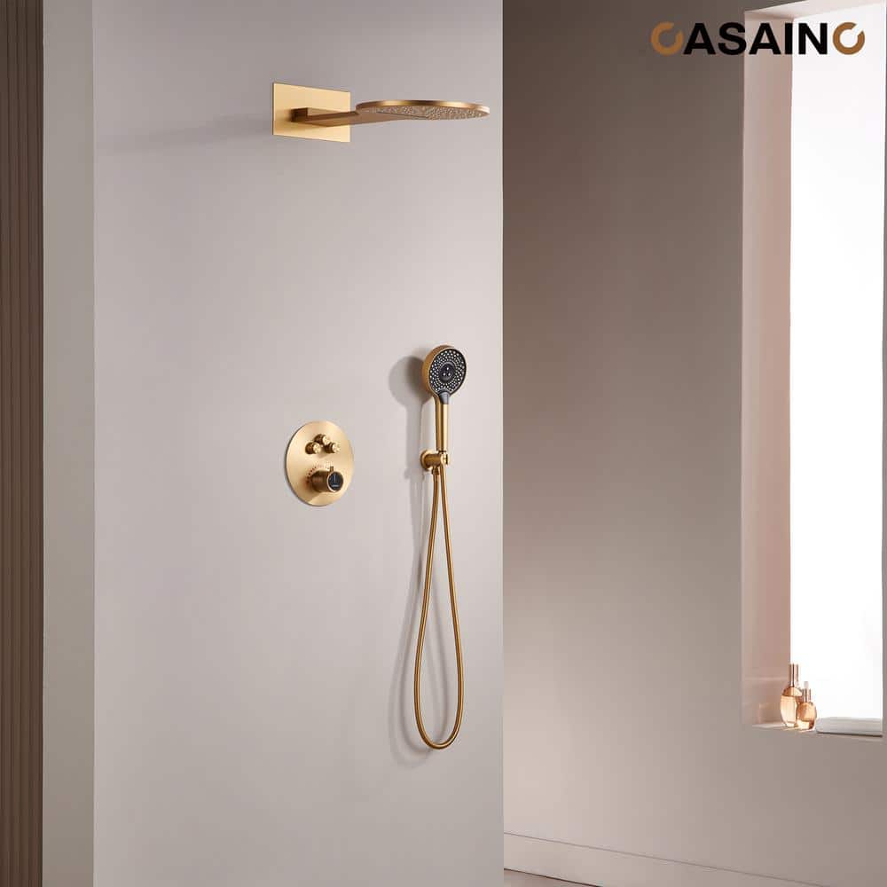 Brushed Gold Thermostatic Rainfall Shower System with Handheld