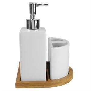 Scandinavian 4 Piece Ceramic Bathroom Sink Accessory Set with Bamboo Tray, White
