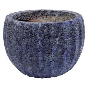 14 in (35.6 cm) Fluted Lava Finish Ceramic Planter - Dark Blue Distressed Ceramic