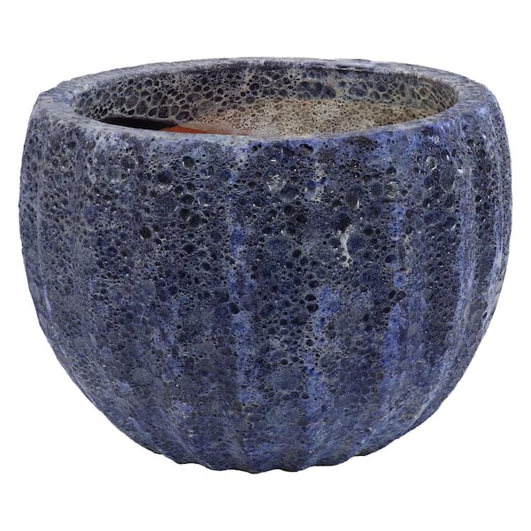 Sunnydaze 14 in. (35.6 cm) Fluted Lava Finish Ceramic Planter - Dark Blue Distressed Ceramic