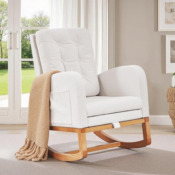 Modern Nursery Rocker Chair with Wooden Base-Ergonomic, Compact Design with Extendable Footrest White Rocking Chair