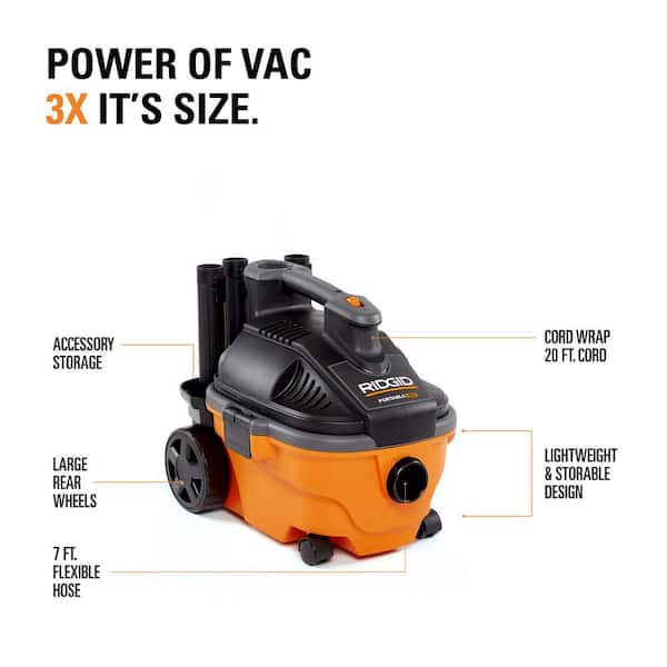 RIDGID 4 Gallon 5.0 Peak HP Portable Shop Vac Wet Dry Vacuum with Fine Dust Filter, Locking Hose and Accessory Attachments