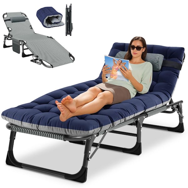 Adjustable 4-Position Adults Reclining Folding Chaise with Pillow, Folding Camping Cot Lounge Chair Sleeping Cots Bed