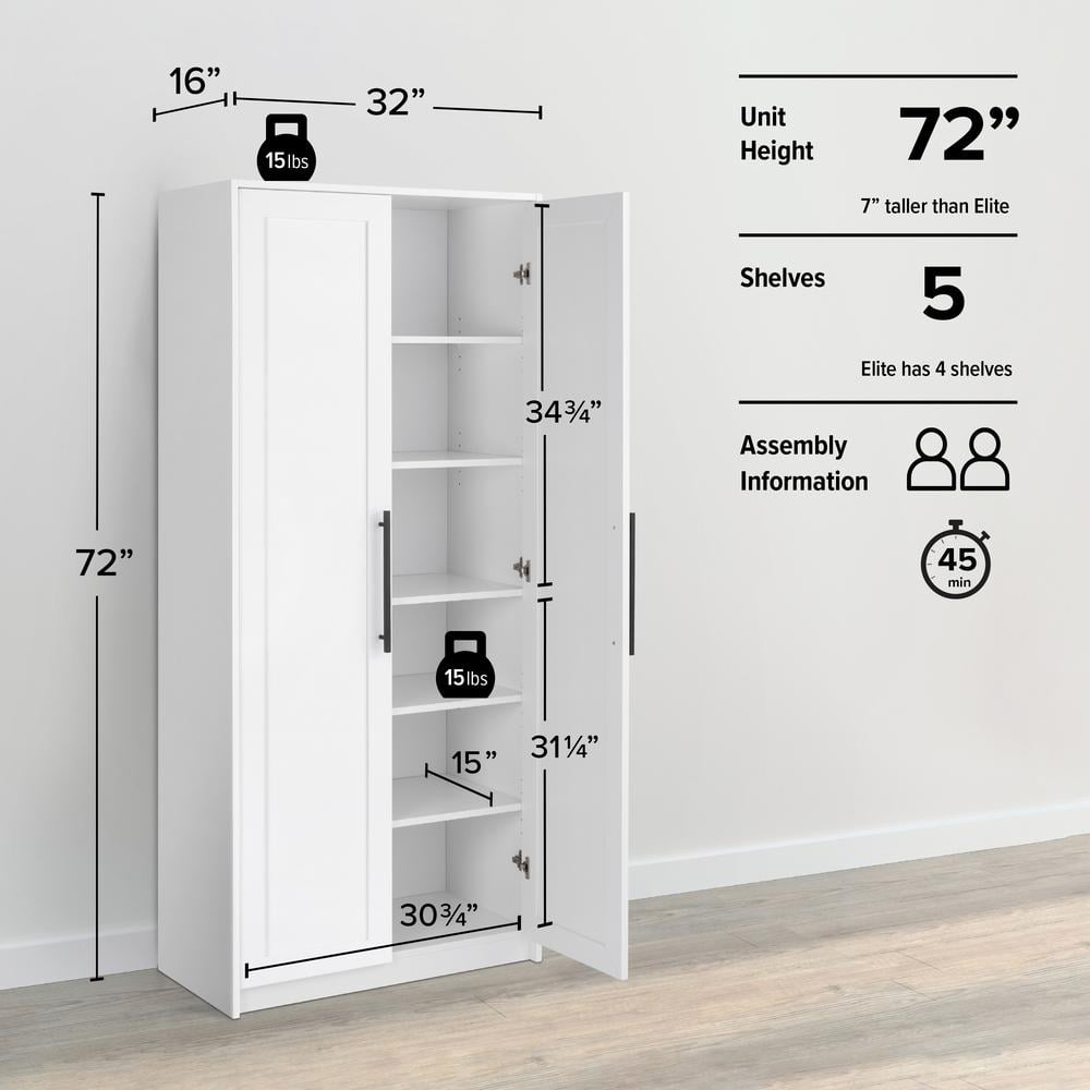Elite White Tall Storage Cabinet with Adjustable Shelves