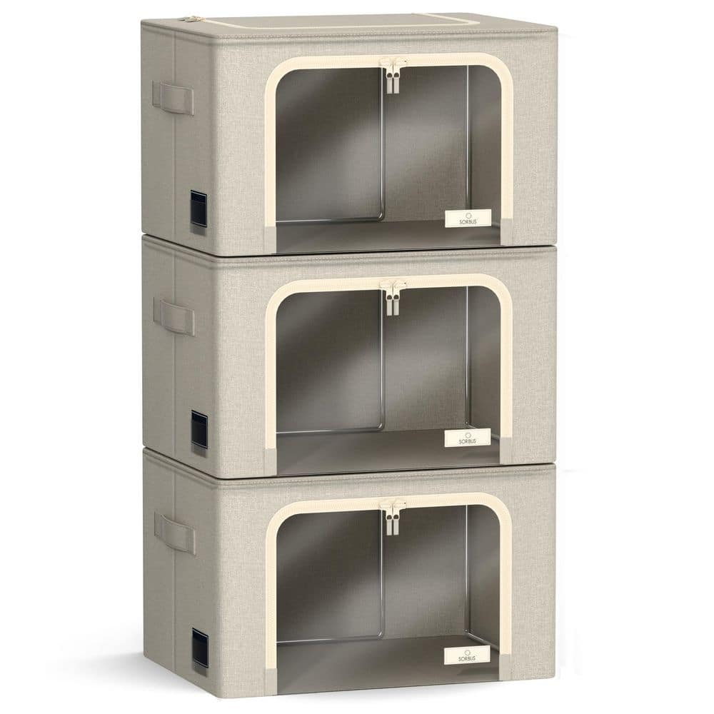 Storage Bins, Stackable and Foldable Clothes Organizer Bags, Beige 17 in. x