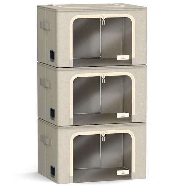 Storage Bins, Stackable and Foldable Clothes Organizer Bags, Beige 17 in. x 13 in. Polyester Decorative Box Set of 3