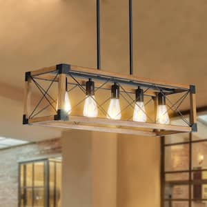 Retro 5-Light Walnut&Black Rectangular Chandelier for Kitchen Island Living Room with No Bulbs Included