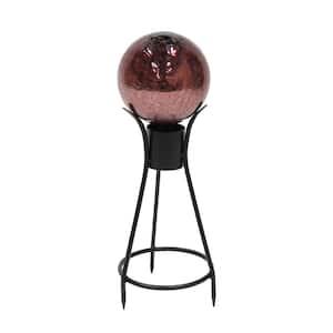 6 in. Dia Round Plum Purple Crackle Glass Decorative Gazing Globe with Black Wrought Iron Stand