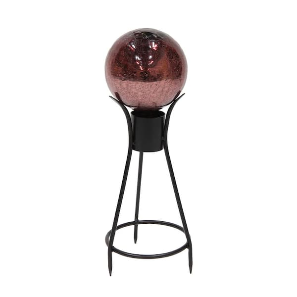 ACHLA DESIGNS 6 in. Dia Round Plum Purple Crackle Glass Decorative Gazing Globe with Black Wrought Iron Stand
