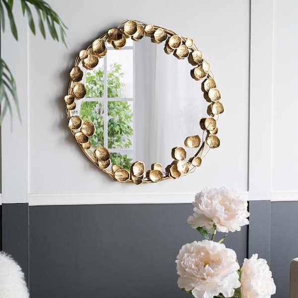 Gold 35.2 in. W x 35.2 in. H Art Deco Round Iron Framed Mirror Wall Mirror Wall Decor Mirror