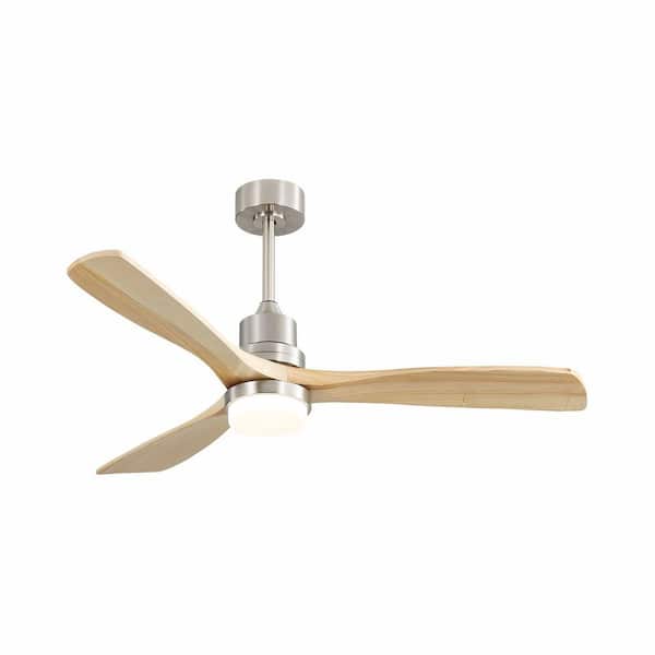 52 in. Natural Color Flush Mount Ceiling Fan with LED Light, 3 Wood Blades, Remote Control, 6-Speed Reversible DC Motor
