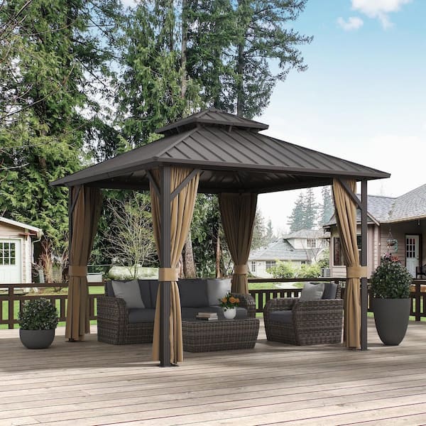 10 ft. x 10 ft. Aluminum Hardtop Gazebo with Double Galvanized Steel Roof, Netting and Curtains for Patio and Backyard