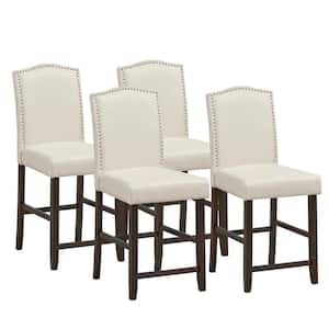 Beige Fabric Barstools Nail Head Trim Counter Height Dining Side Chairs (Set of 4)