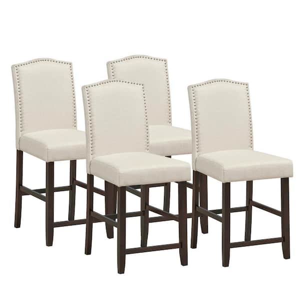 Gymax Beige Fabric Barstools Nail Head, Head Dining Chairs Linen