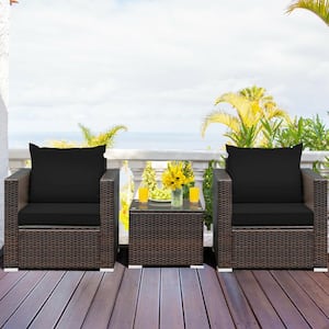 3-Piece Outdoor Wicker Patio Conversation Set Brown Finish with Black Cushions