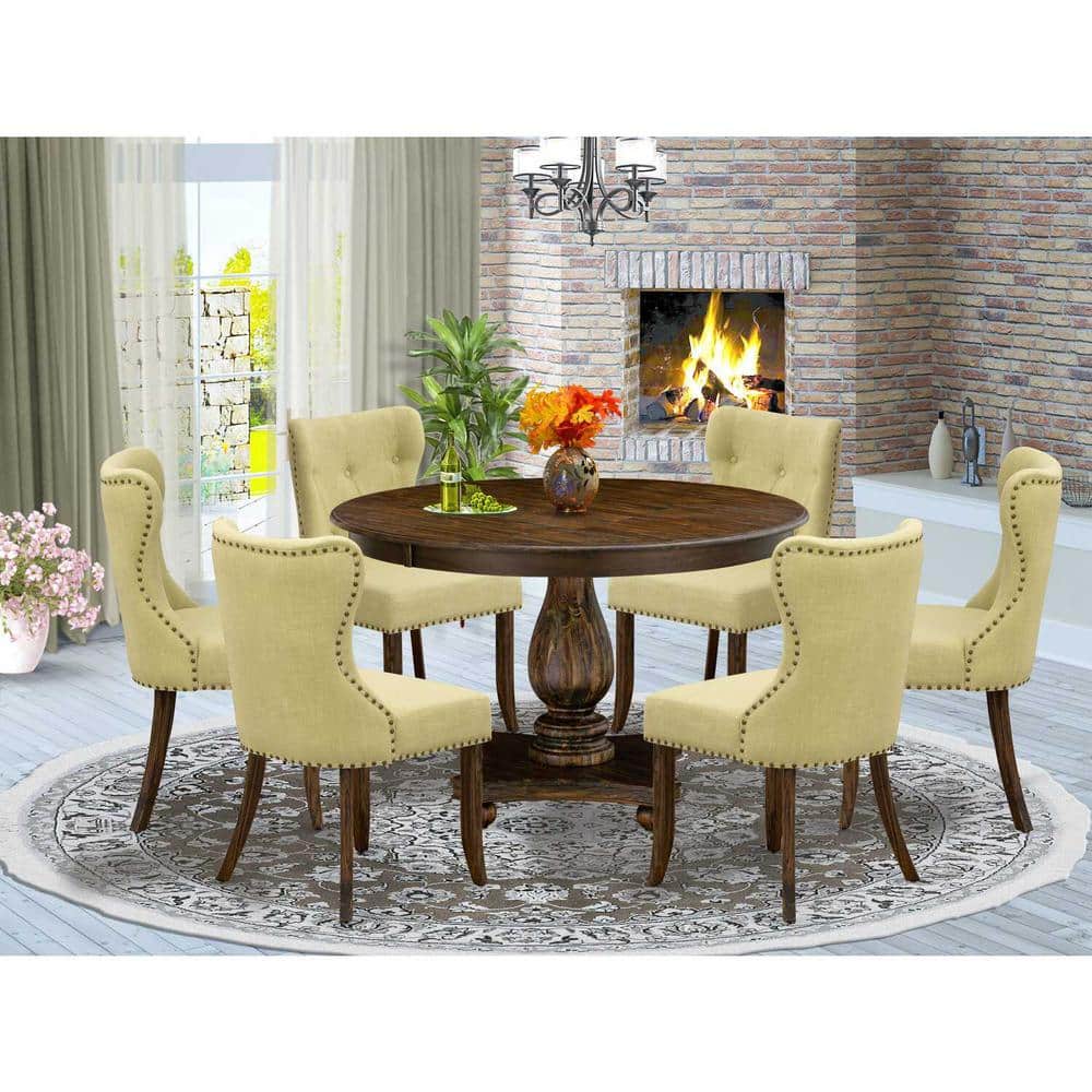Distressed Jacobean Finish Solid Wood Round Dining Set with Linen Upholstered Chairs