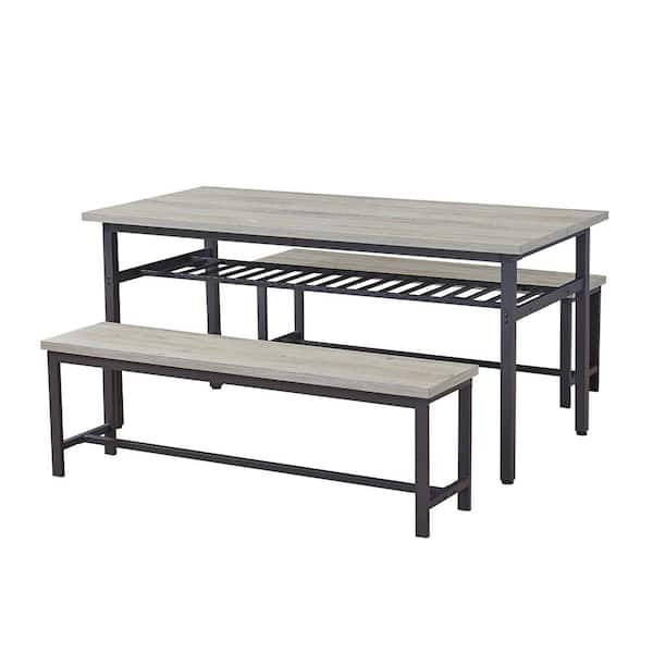 YOFE 3-Piece Rustic Gray Oversized Kitchen Dining Table Set with 2 Benches for Home Kitchen, Dining Room (Seats 6)