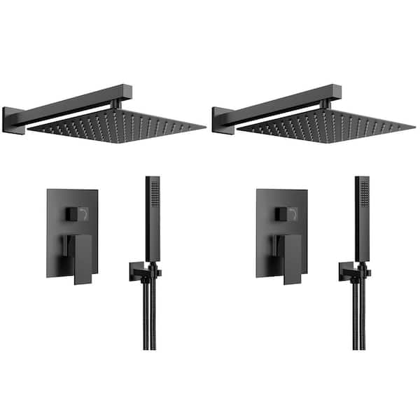 EVERSTEIN 2-Pack Single-Handle Rain 2-Spray Square 10 in. Dual Shower Head Fixed and Handheld Shower Head in Matte Black