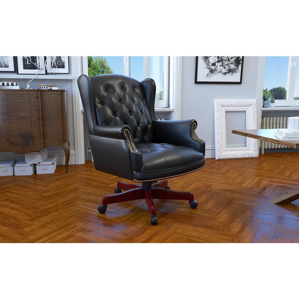 Elegant High-Back Swivel Banker Chair in Black Vinyl and Mahogany Wood