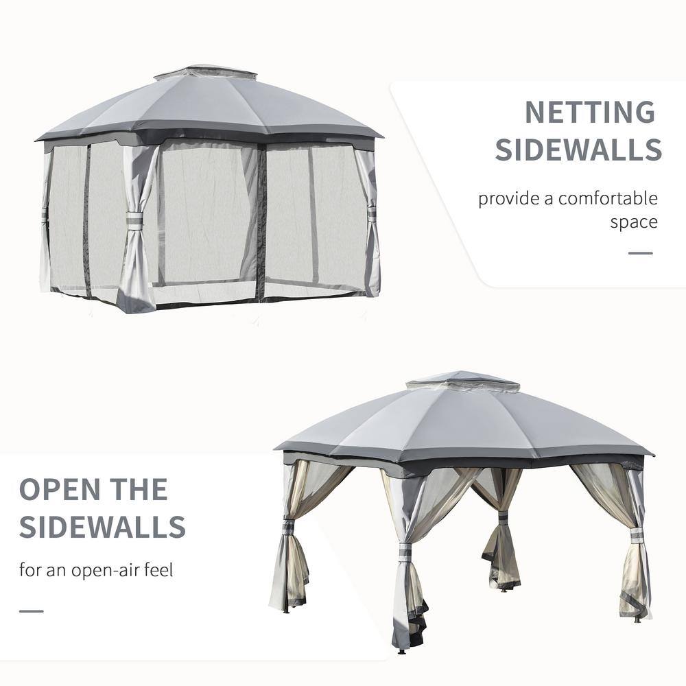 12 ft x 10 ft Gray Metal Octagon Outdoor Gazebo with Mesh Sidewalls